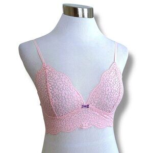 Josie Natori Womens Bralette Sz 34 Pink Sheer Floral Lace Wire Free Wireless Bra